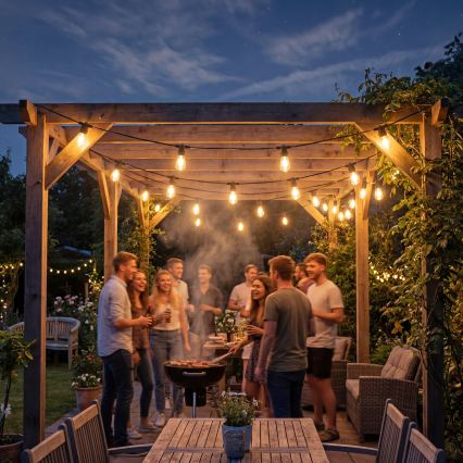 LED solarna dekorativna girlanda s prigušivanjem 20xE27/0,3W/3/5V USB 2400 mAh 20,62 m IP65 crna + daljinsko upravljanje