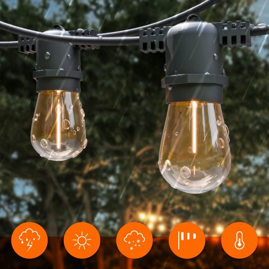LED solarna dekorativna girlanda s prigušivanjem 20xE27/0,3W/3/5V USB 2400 mAh 20,62 m IP65 crna + daljinsko upravljanje