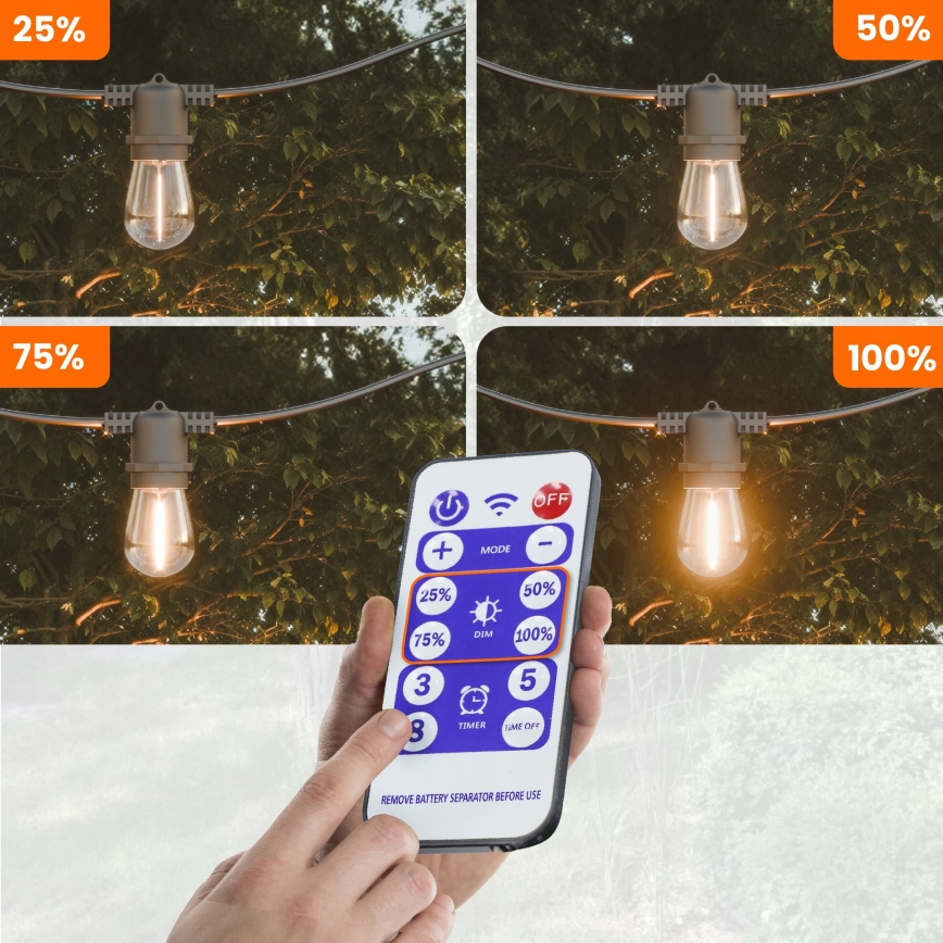 LED solarna dekorativna girlanda s prigušivanjem 20xE27/0,3W/3/5V USB 2400 mAh 20,62 m IP65 crna + daljinsko upravljanje