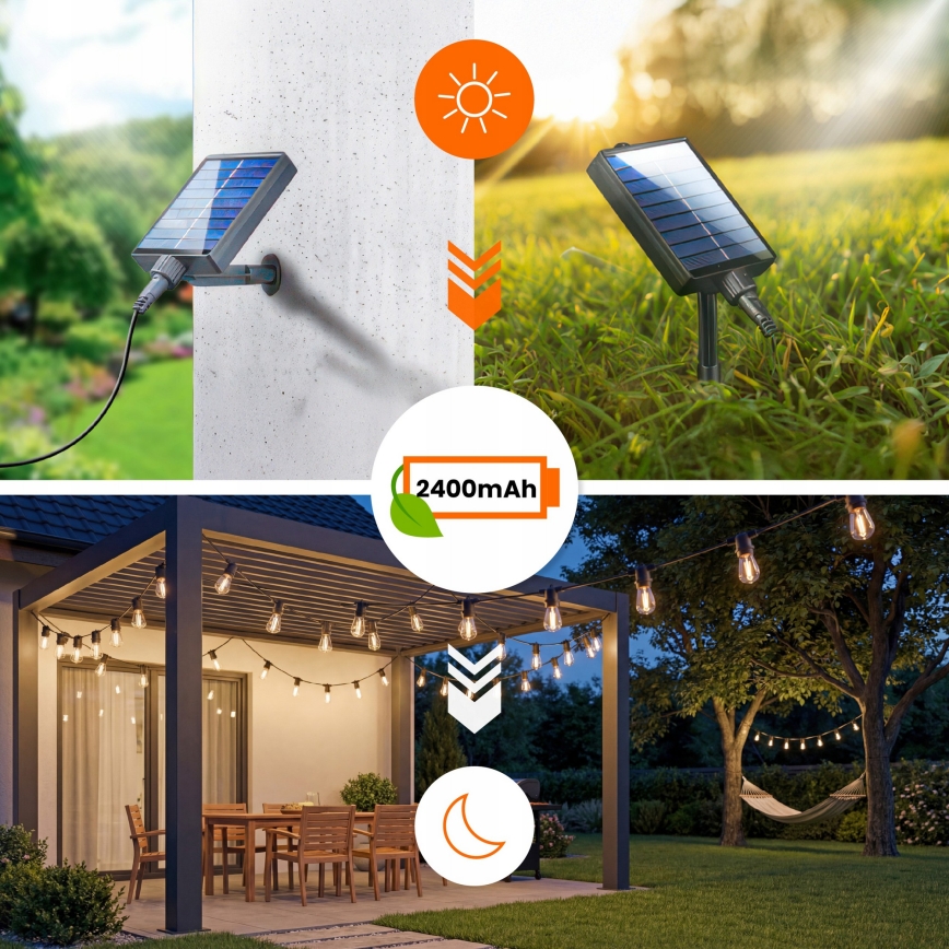 LED solarna dekorativna girlanda s prigušivanjem 20xE27/0,3W/3/5V USB 2400 mAh 20,62 m IP65 crna + daljinsko upravljanje