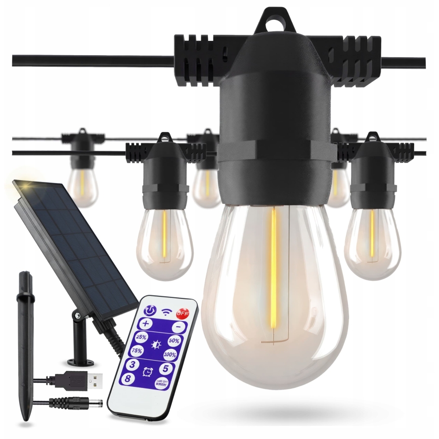 LED solarna dekorativna girlanda s prigušivanjem 20xE27/0,3W/3/5V USB 2400 mAh 20,62 m IP65 crna + daljinsko upravljanje