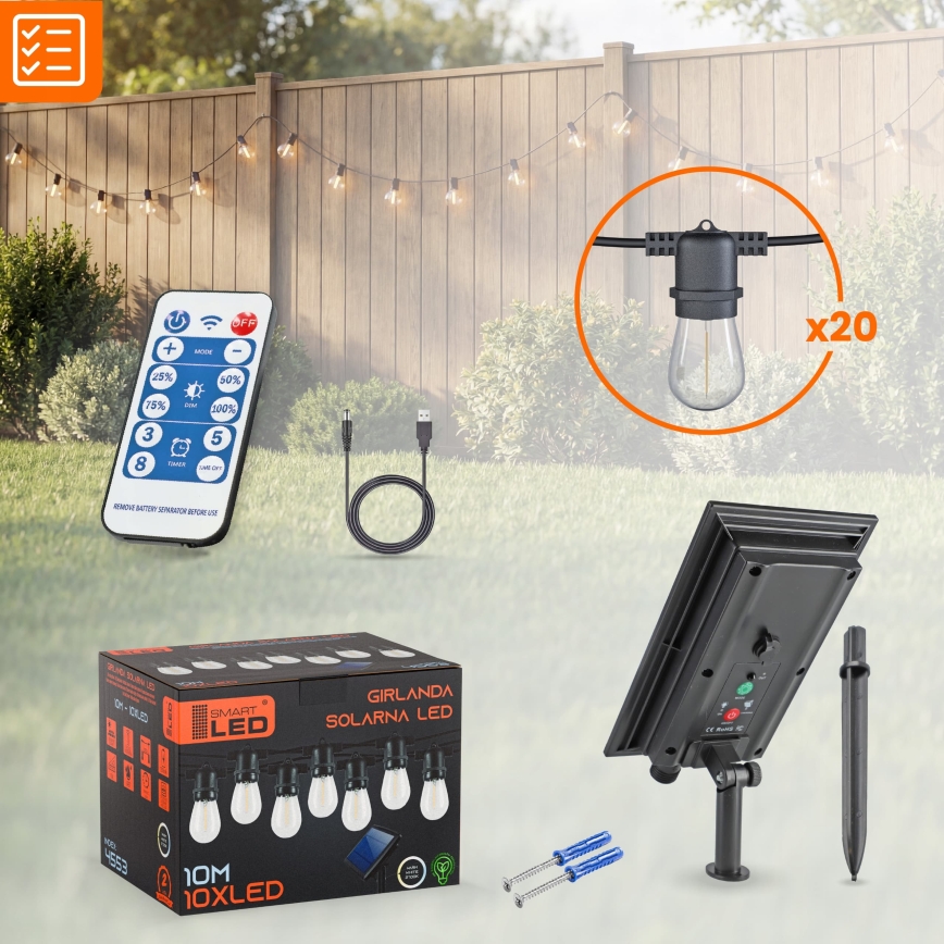 LED solarna dekorativna girlanda s prigušivanjem 20xE27/0,3W/3/5V USB 2400 mAh 20,62 m IP65 crna + daljinsko upravljanje