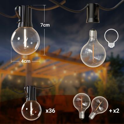 LED vanjski dekorativni lanac s prigušivanjem 36xE12/1W/24/230V 22,35 m IP65 crne boje + daljinsko upravljanje