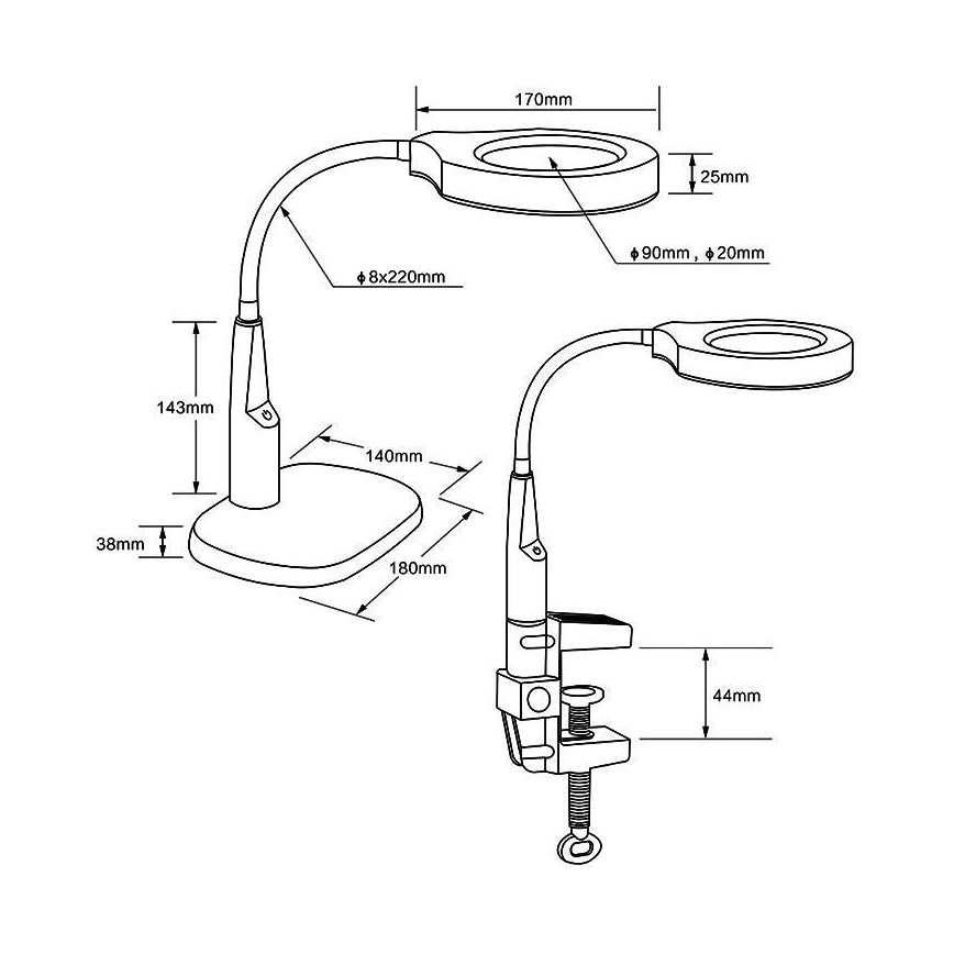 LED Stolna lampa s bifokalnim povećalom, prigušivač, LED/6W/230V 6000-7000K crna