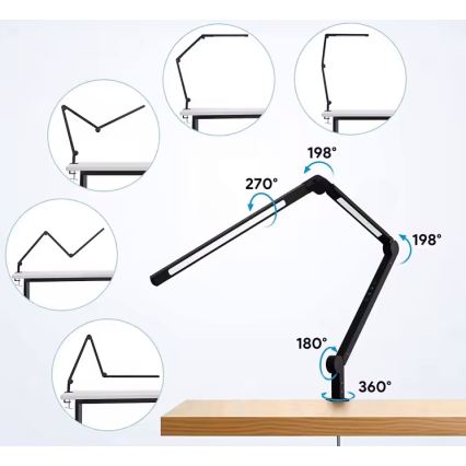 LED stolna lampa s prigušivanjem, dodirna, fleksibilna, s kopčom LED/12W/230V 3000/4000/6000K crna