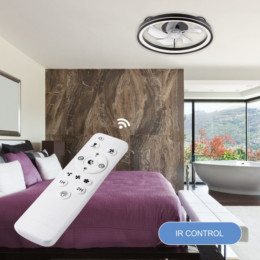 LED Prigušiva stropna svjetiljka s ventilatorom FARGO LED/37W/230V crna + daljinski upravljač