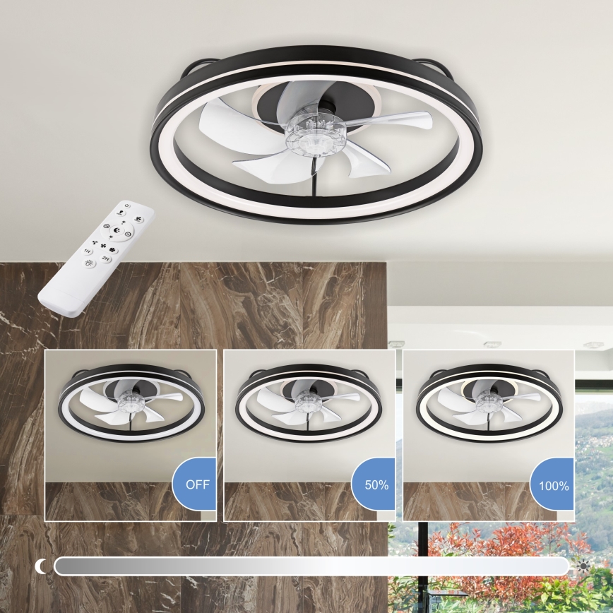 LED Prigušiva stropna svjetiljka s ventilatorom FARGO LED/37W/230V crna + daljinski upravljač