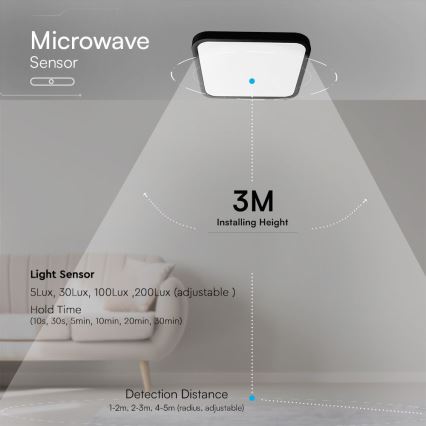 LED Stropna svjetiljka za kupaonicu sa senzorom SAMSUNG CHIP LED/36W/230V IP44 4000K 42x42 cm crna + daljinski upravljač