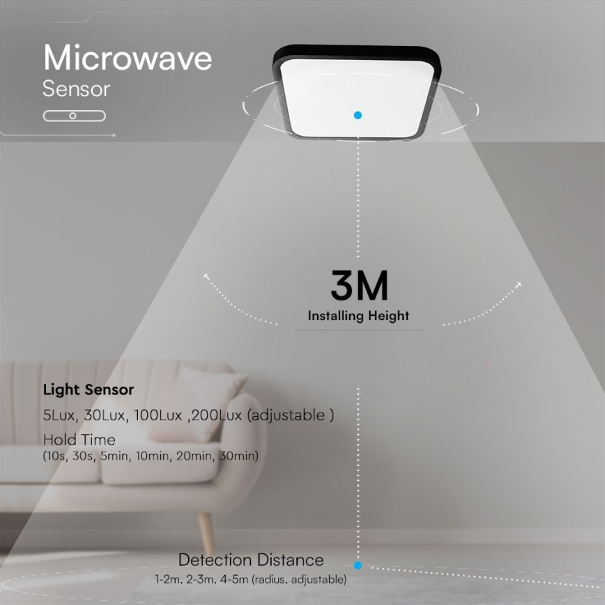 LED Stropna svjetiljka za kupaonicu sa senzorom SAMSUNG CHIP LED/36W/230V IP44 4000K 42x42 cm crna + daljinski upravljač