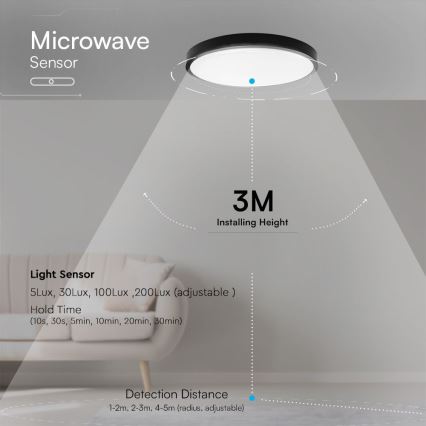 LED Stropna svjetiljka za kupaonicu sa senzorom SAMSUNG CHIP LED/36W/230V IP44 4000K pr. 42 cm crna + daljinski upravljač
