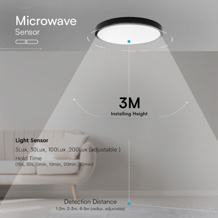 LED Stropna svjetiljka za kupaonicu sa senzorom SAMSUNG CHIP LED/36W/230V IP44 4000K pr. 42 cm crna + daljinski upravljač