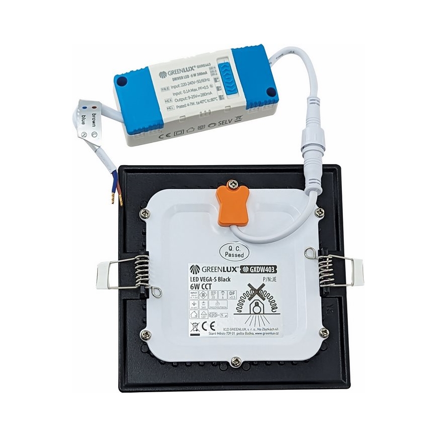 LED Ugradbena svjetiljka VEGA LED/6W/230V 2900/3900/5800K 12,5x12,5 cm crna