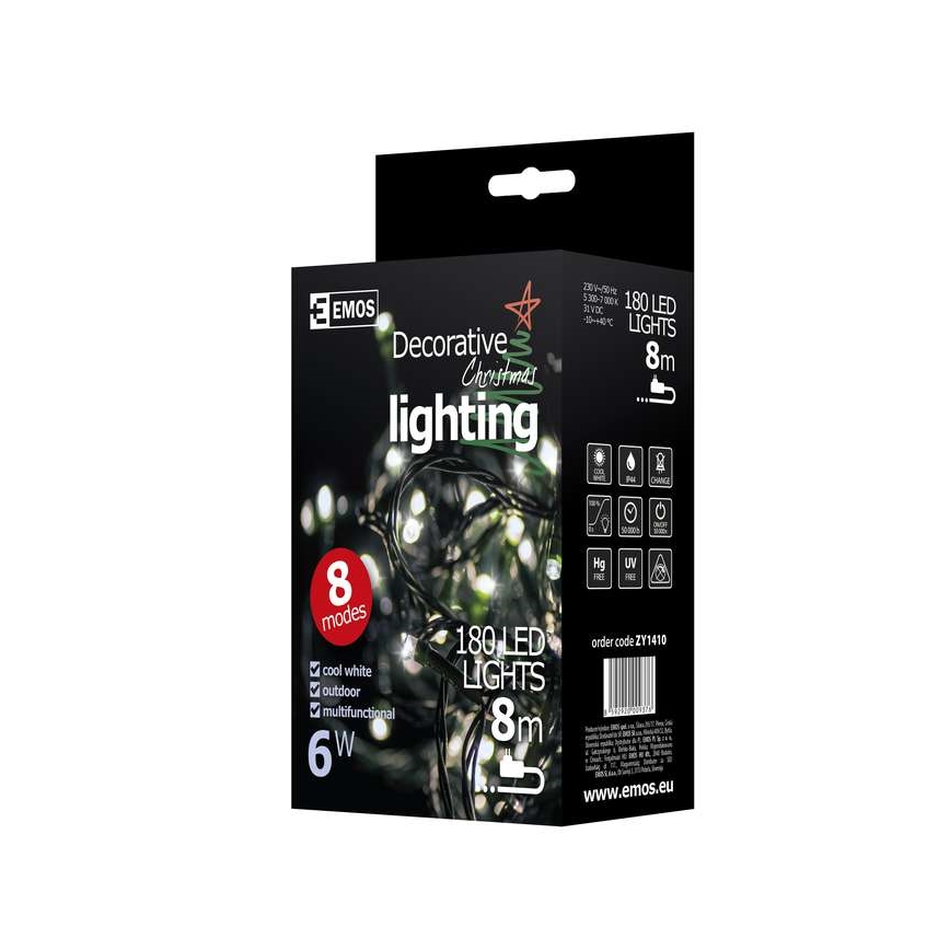LED Vanjske Božićne lampice CHAIN 180xLED/8 funkcija 8m IP44 hladna bijela