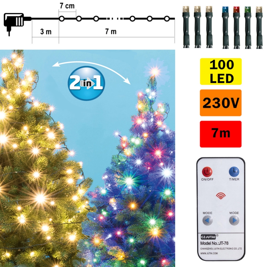 LED Vanjski Božićni lanac 100xLED 10m IP44 topla bijela/multicolor + daljinski upravljač