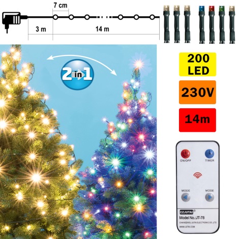LED Vanjski Božićni lanac 200xLED 17m IP44 topla bijela/multicolor + daljinski upravljač