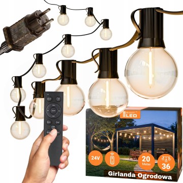 LED vanjski dekorativni lanac s prigušivanjem 36xE12/1W/24/230V 22,35 m IP65 crne boje + daljinsko upravljanje