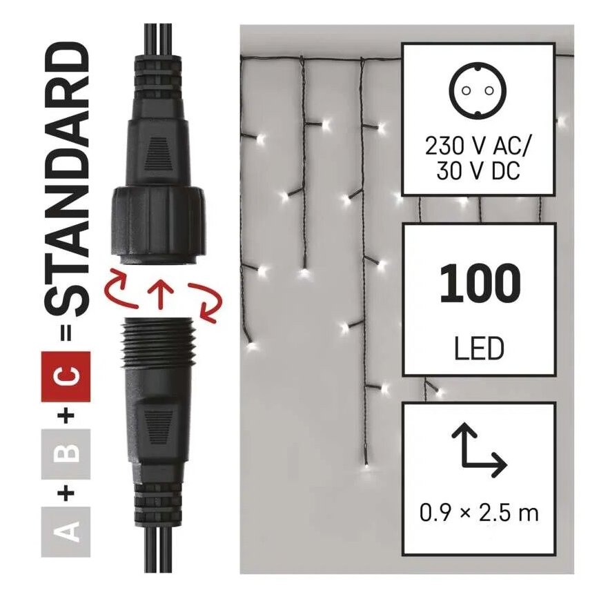 LED Vanjski  lanac 100xLED/2,5x0,9m IP44 hladna bijela
