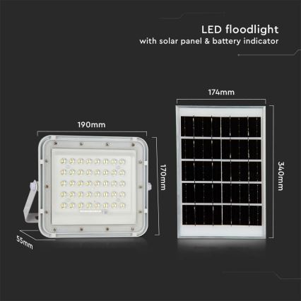 LED Vanjski prigušivi solarni reflektor LED/10W/3,2V IP65 6400K bijela + daljinski upravljač