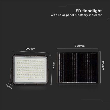 LED Vanjski solarni reflektor LED/20W/3,2V 6400K crna IP65 + daljinski upravljač