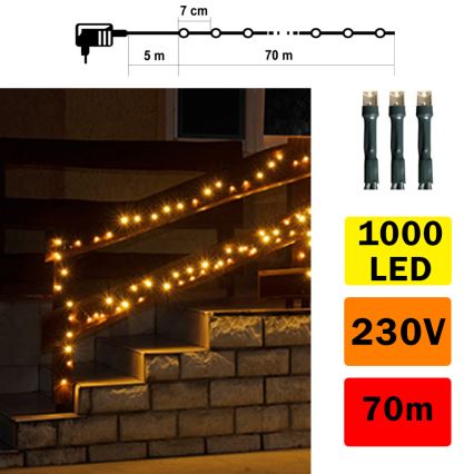 LED Vanjski svjetlosni lanac 70m 1000xLED/0,06W/230V topla bijela IP44