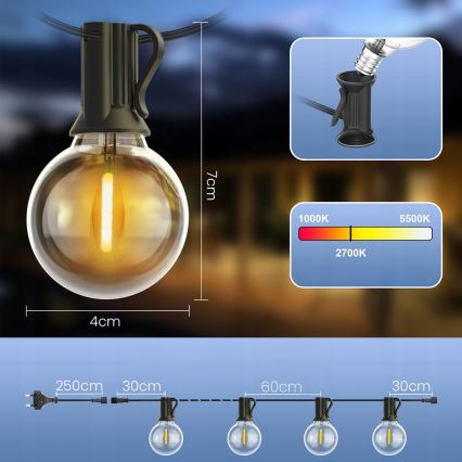 LED vanjski dekorativni niz s mogućnošću prigušivanja 25xE12/1W/24/230V 17,5 m IP65 crna + daljinski upravljač