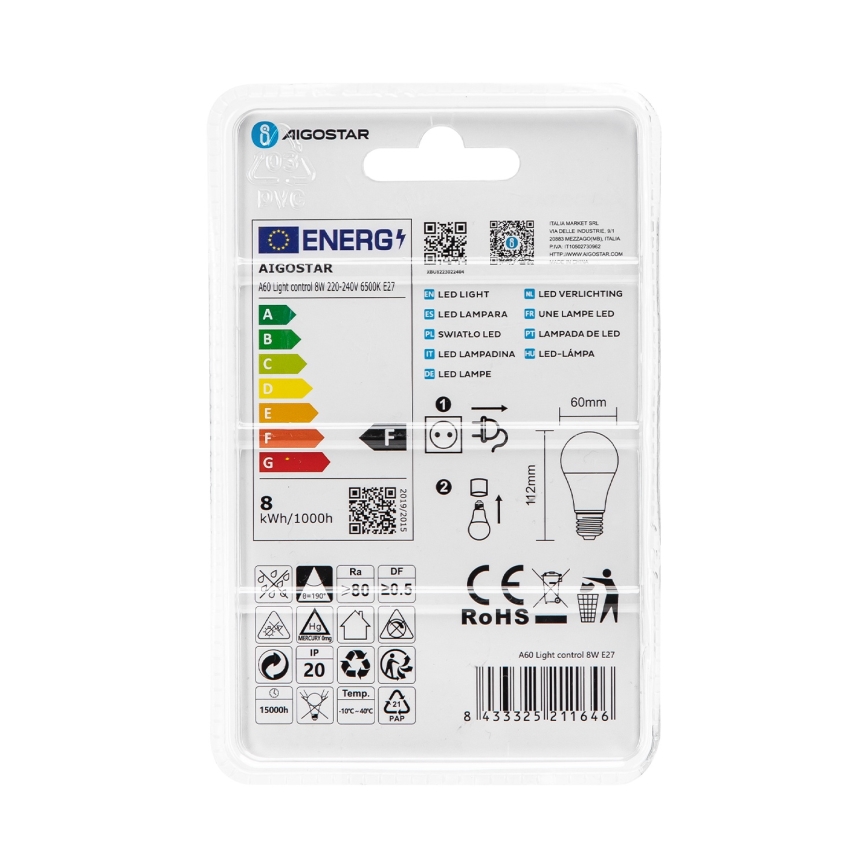 LED žarulja A60 E27/8W/230V 6500K sa senzorom sumraka - Aigostar