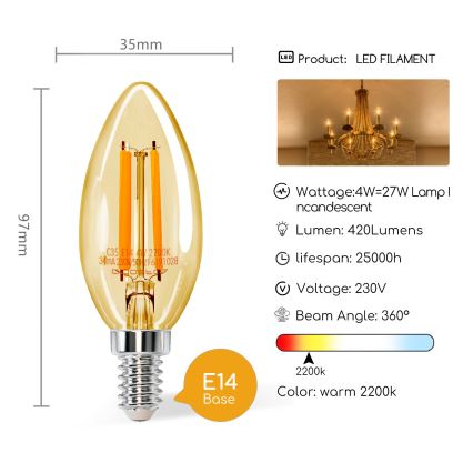 LED Žarulja C35 E14/4W/230V 2200K - Aigostar