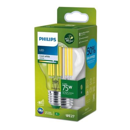 LED Žarulja FILAMENT Philips A60 E27/5,2W/230V 4000K