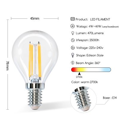 LED Žarulja G45 E14/4W/230V 2700K - Aigostar