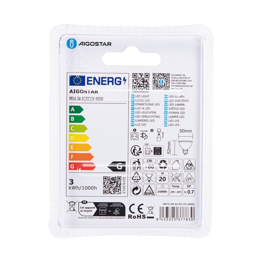 LED Žarulja MR16 GU5,3/3W/12V 4000K - Aigostar