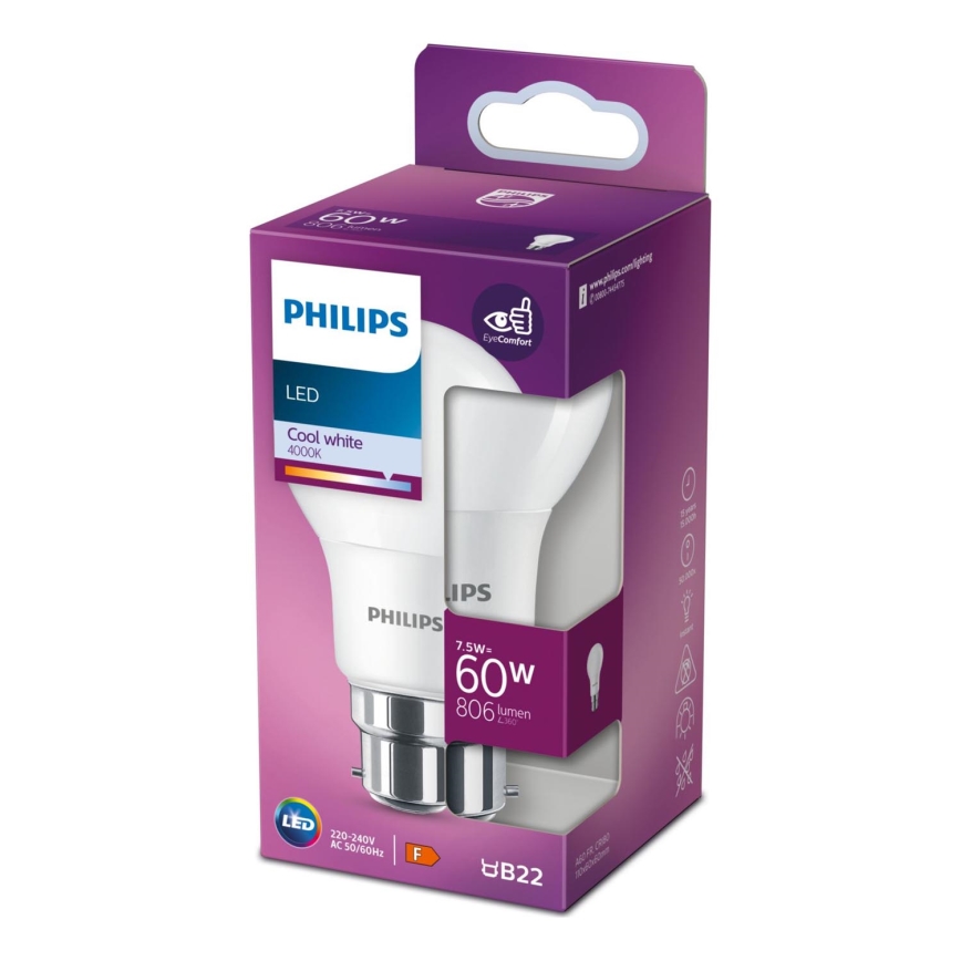 LED Žarulja Philips A60 B22/7,5W/230V 4000K