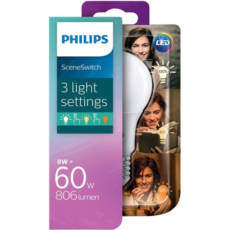 LED Žarulja Philips SCENE SWITCH A60 E27/8W/230V 2200K-2700K
