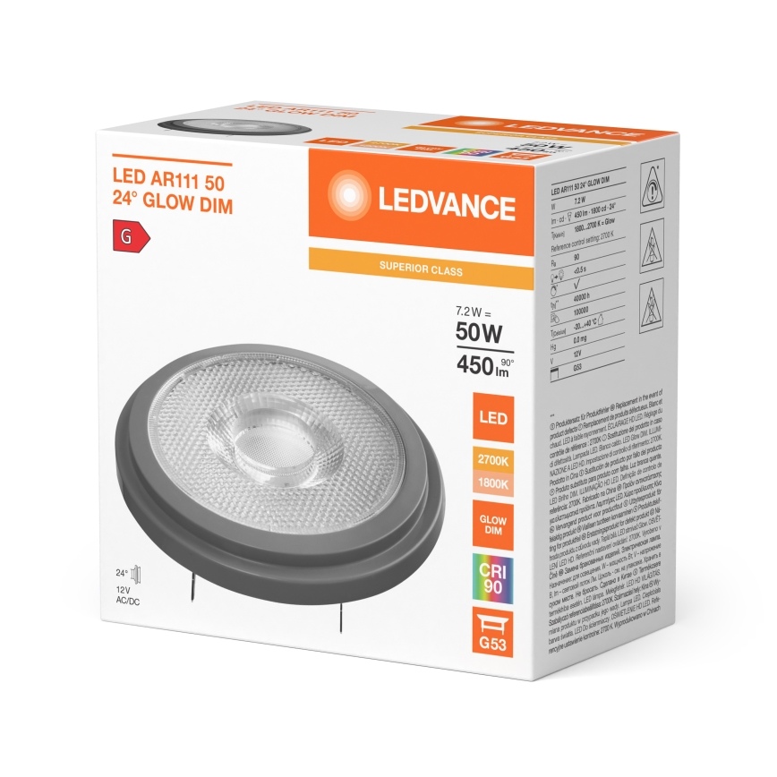 LED žarulja s mogućnošću prigušivanja AR111 G53/7,2W/12V 1800-2700K 24° CRI 90 - Ledvance