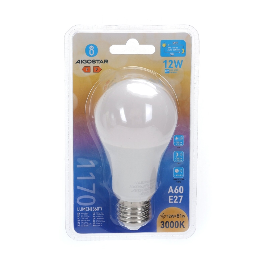 LED Žarulja s senzorom sumraka A60 E27/12W/230V 3000K - Aigostar