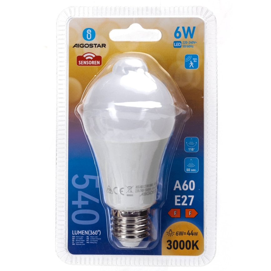 LED žarulja sa senzorom pokreta i sumraka A60 E27/6W/230V 3000K - Aigostar