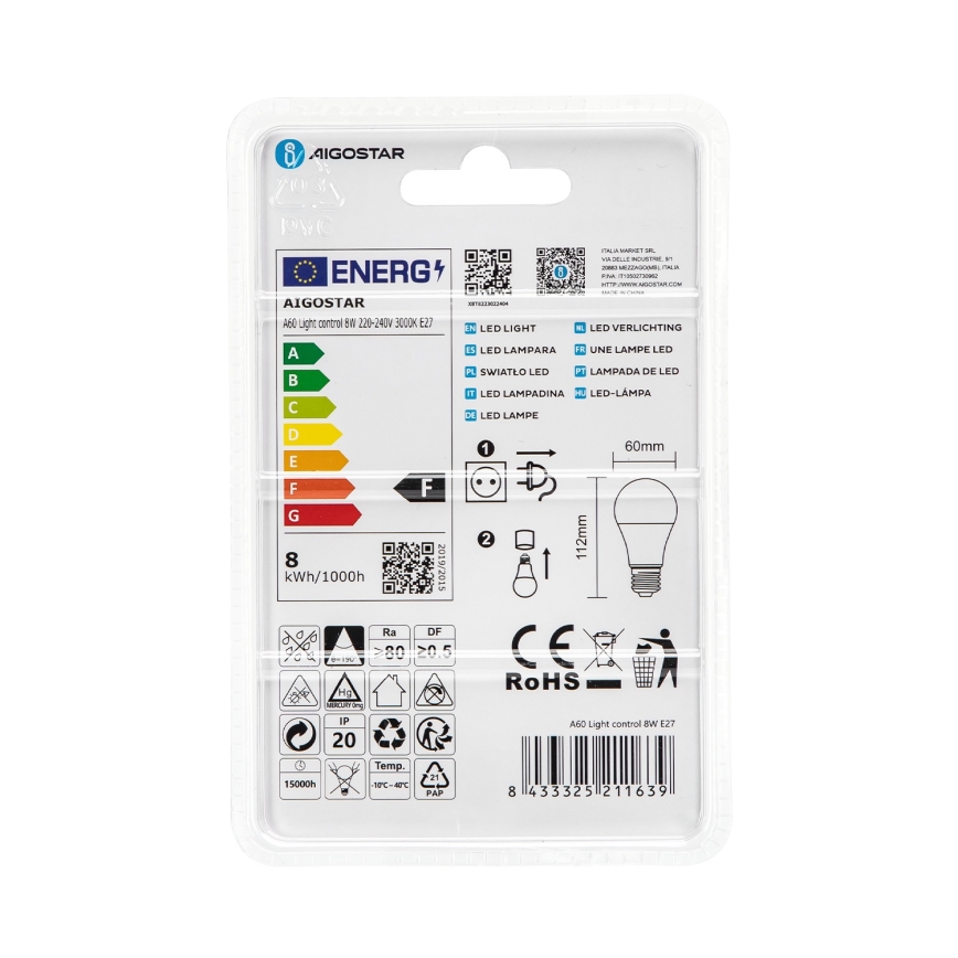 LED žarulja sa senzorom sumraka A60 E27/8W/230V 3000K - Aigostar
