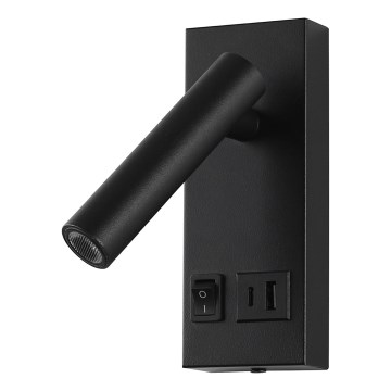 LED Zidna reflektorska svjetiljka s USB portom LED/2W/230V crna