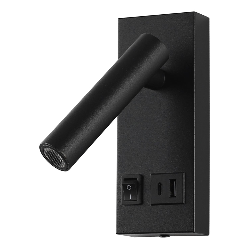 LED Zidna reflektorska svjetiljka s USB portom LED/2W/230V crna