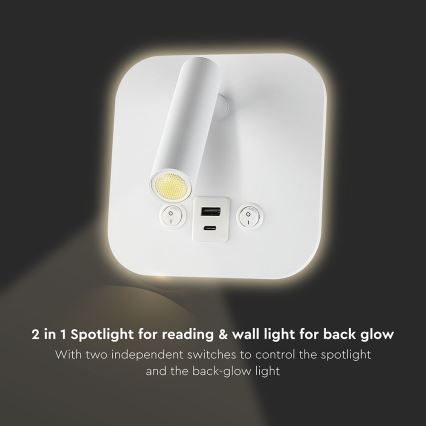 LED zidna reflektorska svjetiljka s USB priključkom LED/8W/230V 3000K bijela