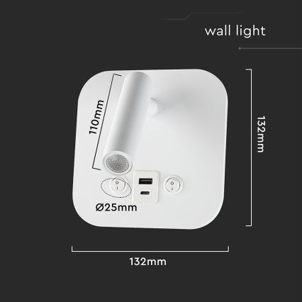 LED zidna reflektorska svjetiljka s USB priključkom LED/8W/230V 3000K bijela