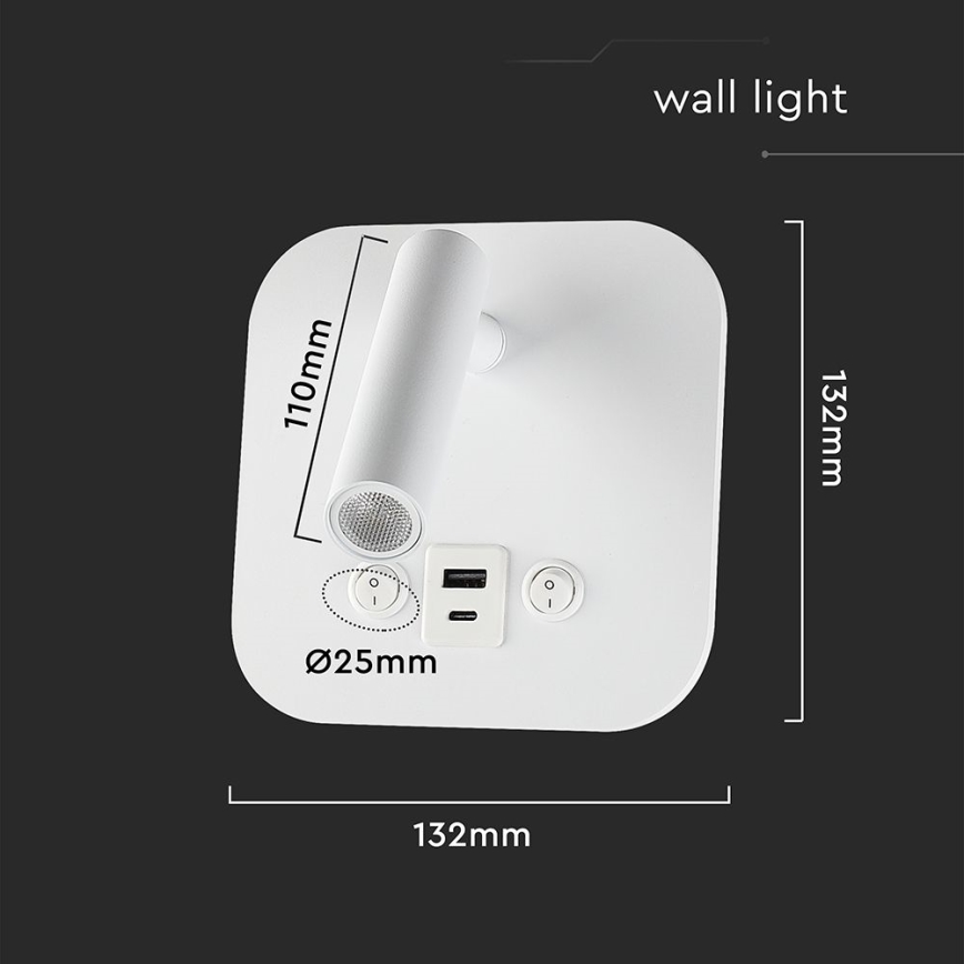 LED zidna reflektorska svjetiljka s USB priključkom LED/8W/230V 3000K bijela