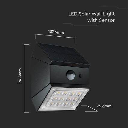 LED zidna solarna svjetiljka sa senzorom LED/2,5W/3,7V 3000/4000/6000K IP65 1200 mAh crna