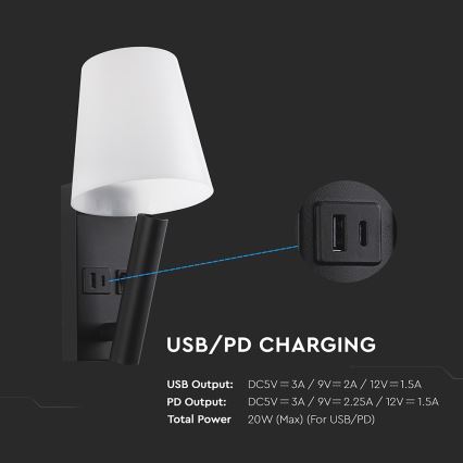 LED zidna svjetiljka s USB priključkom LED/2W/230V 3000K crna/bijela