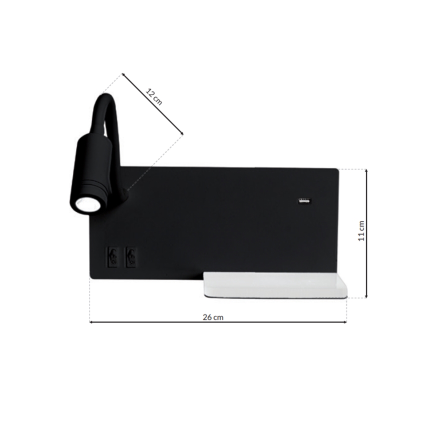 LED Zidna svjetiljka SHELF 1xLED/4W+1xLED/5W+1xLED/2W/230V crna