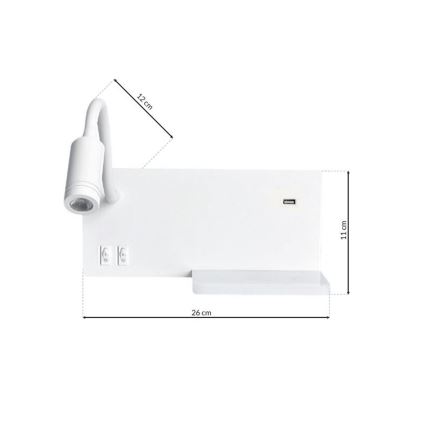LED zidna svjetiljka SHELF LED/4W+LED/5W+LED/2W/230V s USB priključkom, bijela