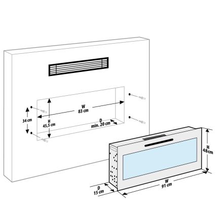 LED Zidni električni kamin s grijanjem LED/2000W/230V 48x91 cm + daljinski upravljač