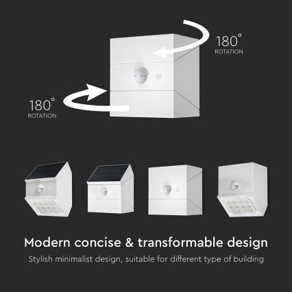 LED zidna solarna svjetiljka sa senzorom LED/2,5W/3,7V 3000/4000/6000K IP65 1200 mAh bijela