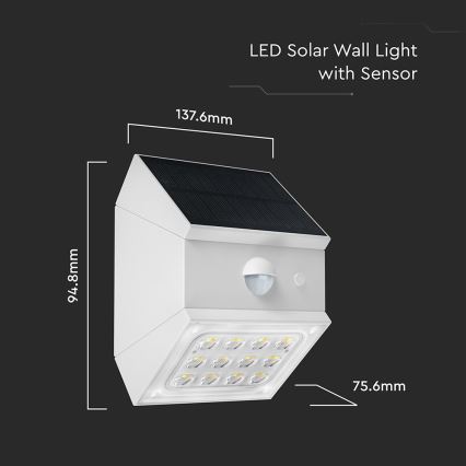 LED zidna solarna svjetiljka sa senzorom LED/2,5W/3,7V 3000/4000/6000K IP65 1200 mAh bijela