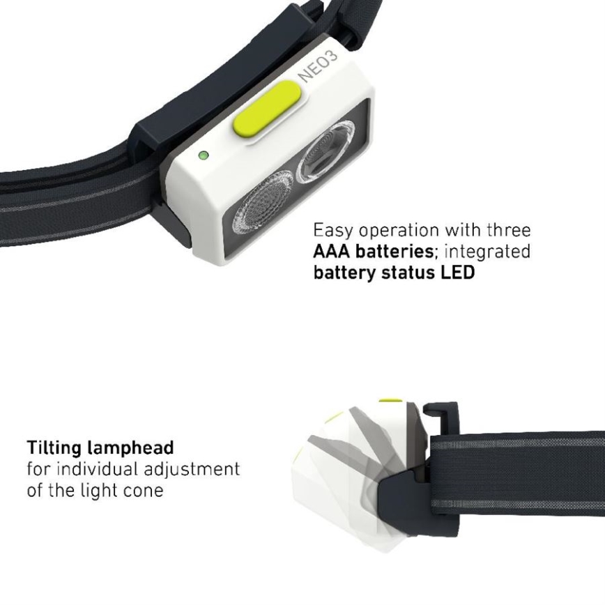 Ledlenser NEO3 - LED čelna svjetiljka s podesivom svjetlinom LED/3xAAA IP54 400 lm 20 h crna/bijela