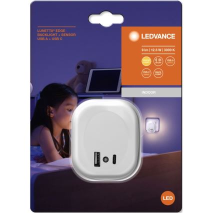 Ledvance - LED Noćna svjetiljka za utičnicu sa senzorom i USB LUNETTA LED/12,5W/230V bijela